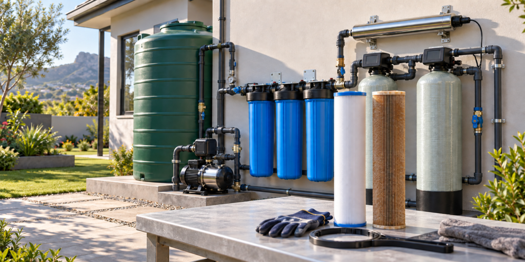 Home water filtration equipment with sediment filters, booster pump, media vessels, UV chamber and water storage tank.